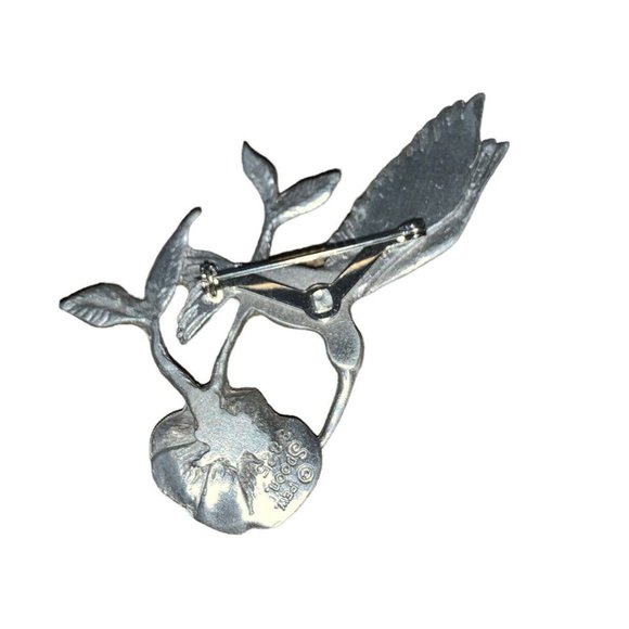 Vintage Pewter Hummingbird Flower Brooch Pin Signed Spoon 3825 Figural Bird 3” - Picture 10 of 10